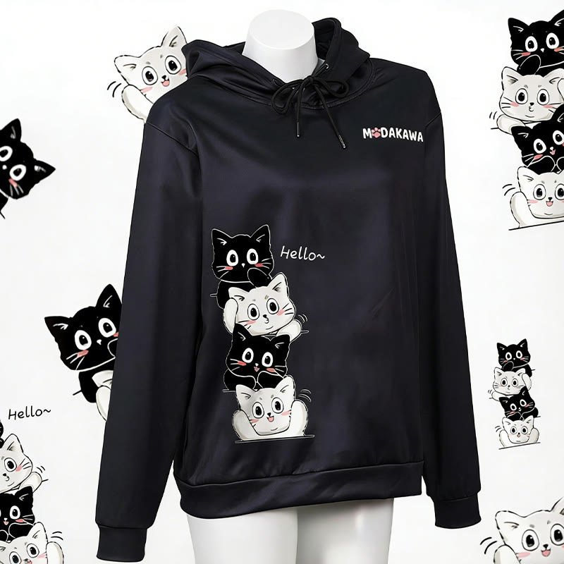 Modakawa-Hoodie mit gestapeltem Katzenmotiv und Buchstabenprint - image 1