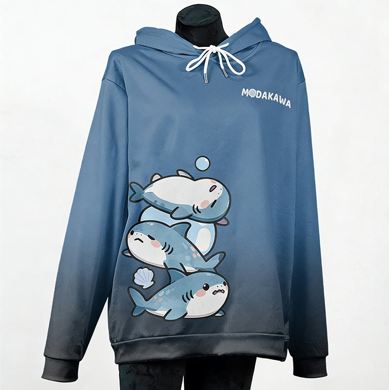 MODAKAWA Gradient Lazy Shark Graphic Pullover Hoodie - Blue B - 6XL - image 2