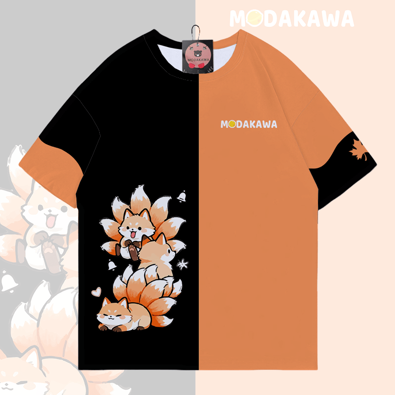 Neunschwänziger Fuchs Grafik Modakawa Farben Block T-Shirt - Black & Orange - 5XL - image 3