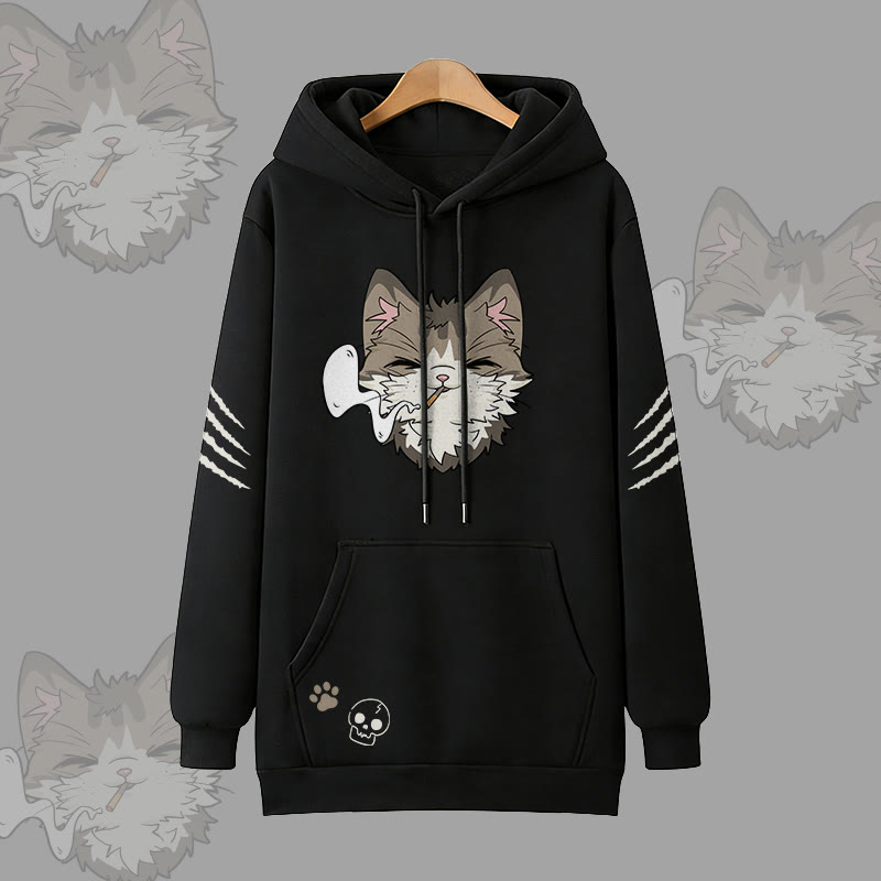 Modakawa Oversized Pullover Hoodie mit Raucherkatzen-Motiv - Black - 3XL - image 5