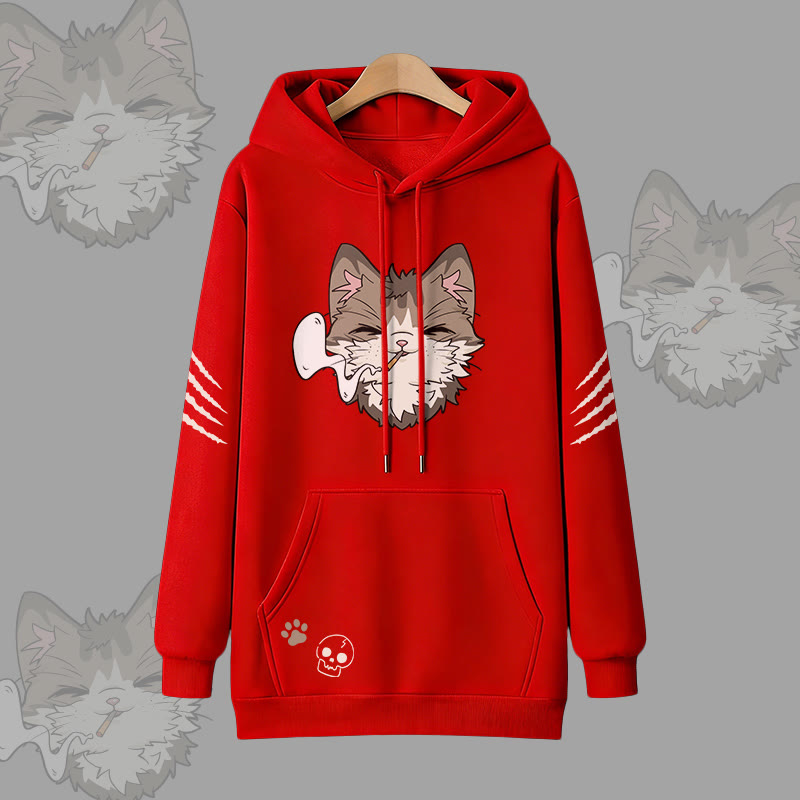 Modakawa Oversized Pullover Hoodie mit Raucherkatzen-Motiv - Red - 3XL - image 2