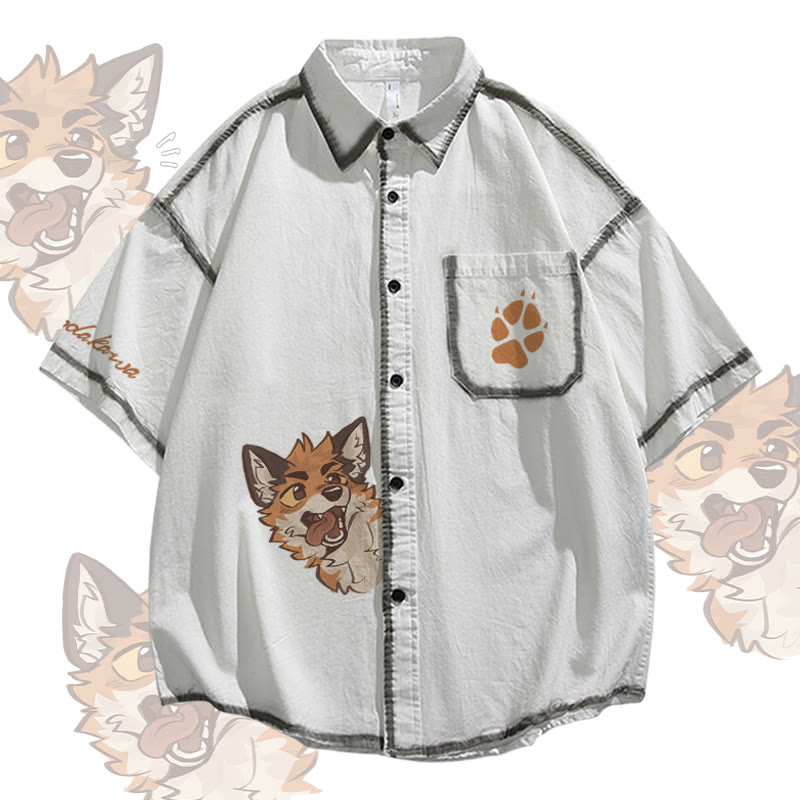 MODAKAWA X atka Oversized Button Up Shirt mit Zungen-Fuchs-Grafik, Oversize-Hemd - White - 2XL - image 1
