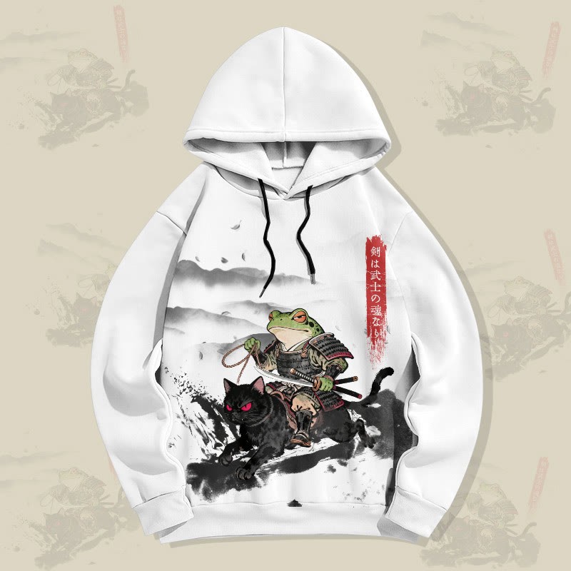 MODAKAWA Pullover-Hoodie mit Allover-Print: Samurai-Frosch auf schwarzer Katze - White - 6XL - image 1
