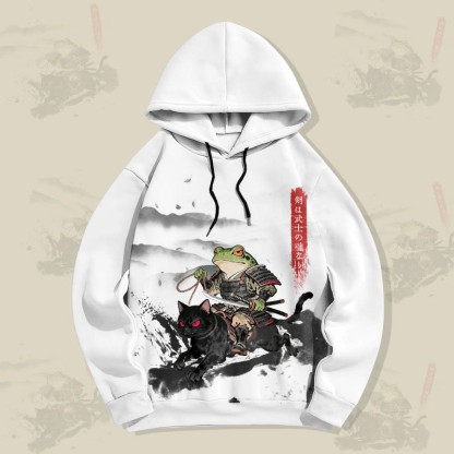 MODAKAWA Pullover-Hoodie mit Allover-Print: Samurai-Frosch auf schwarzer Katze - White - 6XL - image 1