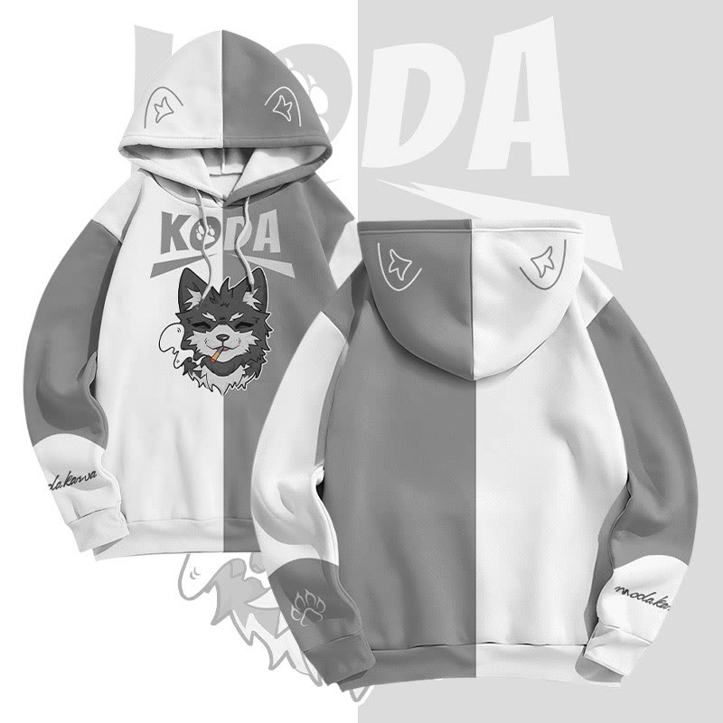 MODAKAWA KODA Pullover-Hoodie mit rauchendem Welpenmotiv und Allover-Print - Grey&White - 6XL - image 2