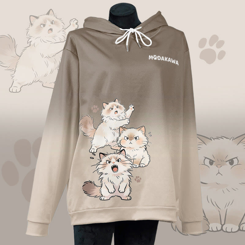 MODAKAWA Pullover-Hoodie mit Allover-Print einer wütenden Katze - Brown - 6XL - image 1