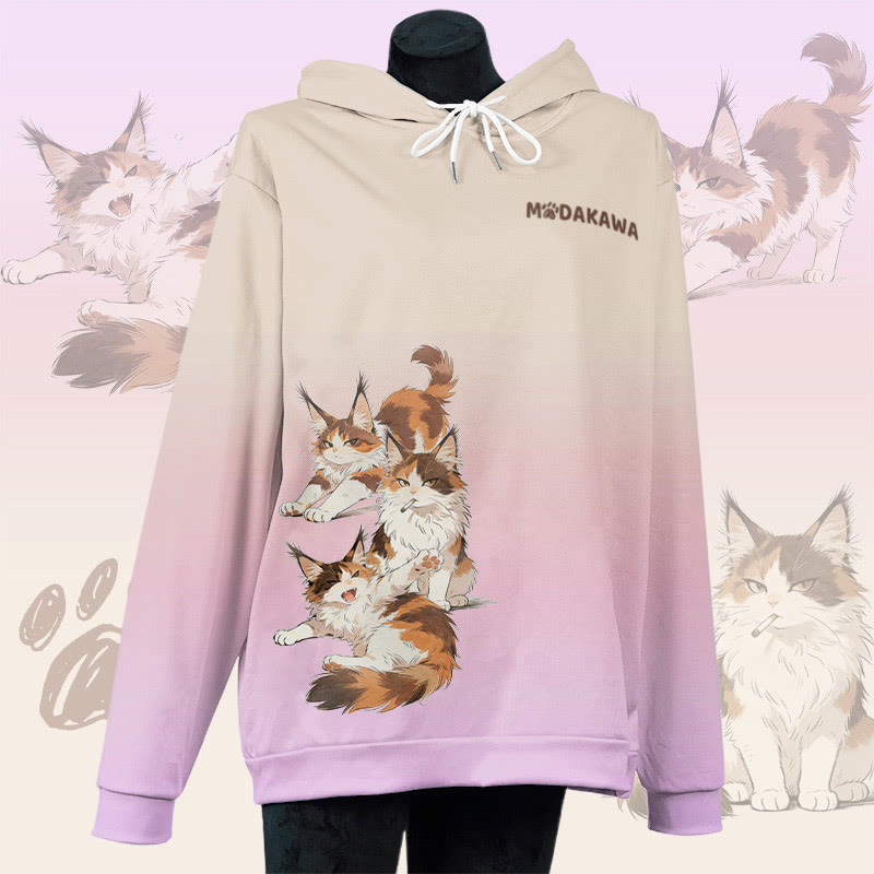 MODAKAWA Pullover-Hoodie mit rauchender Katze und Allover-Print - Beige&Purple - 6XL - image 4