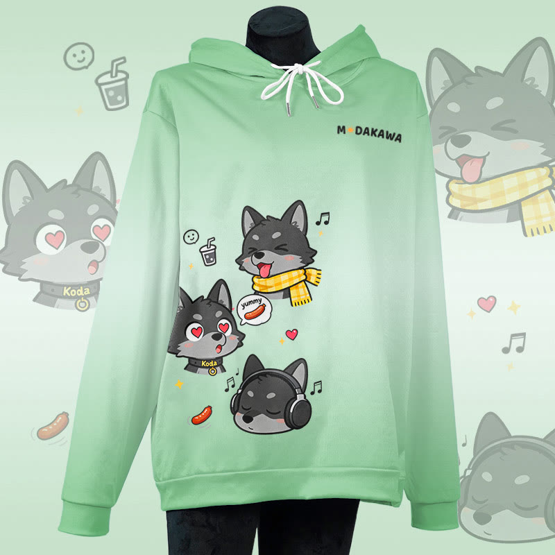 MODAKAWA Pullover-Hoodie mit verspieltem Koda-Welpen-Grafikprint und Farbverlauf - Green - 6XL - image 2