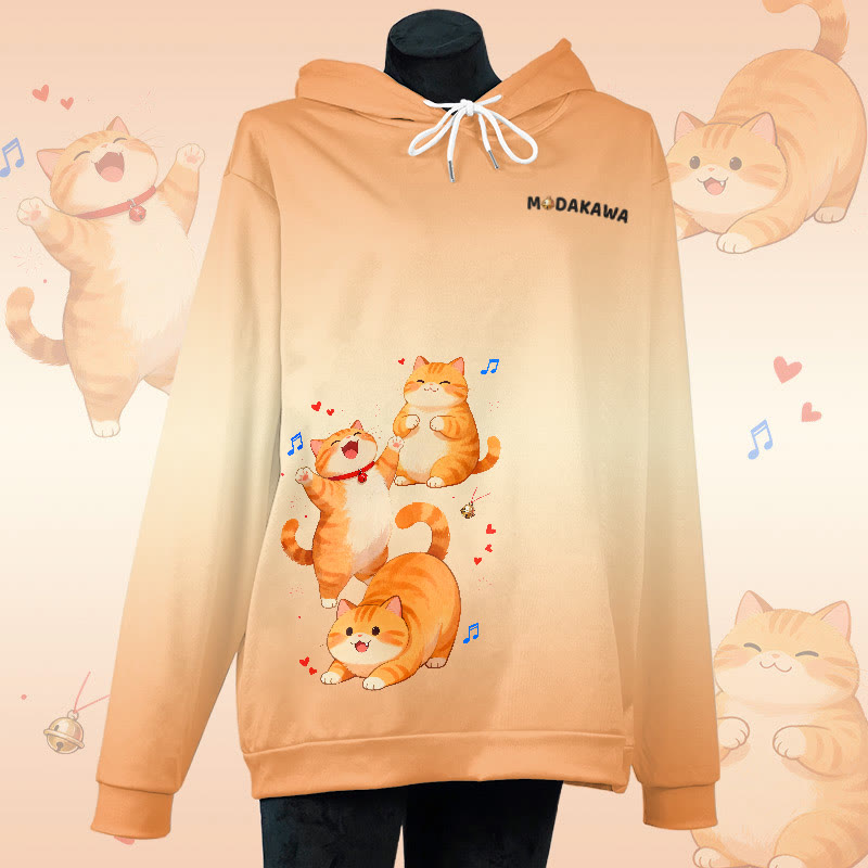 MODAKAWA Pullover-Hoodie mit Farbverlauf und Allover-Print eines molligen Katzenmotivs - Orange - 6XL - image 1