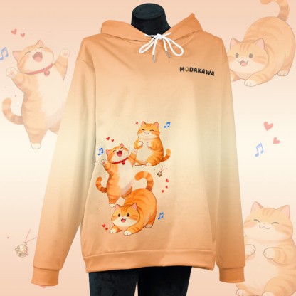 MODAKAWA Pullover-Hoodie mit Farbverlauf und Allover-Print eines molligen Katzenmotivs - Orange - 6XL - image 1