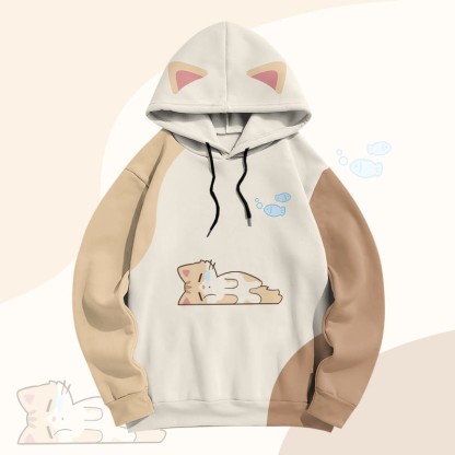 MODAKAWA Farben Block Pullover Hoodie mit Katzenmotiv und Allover-Print - Apricot - 6XL - image 2