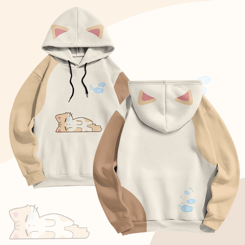 MODAKAWA Farben Block Pullover Hoodie mit Katzenmotiv und Allover-Print - image 1