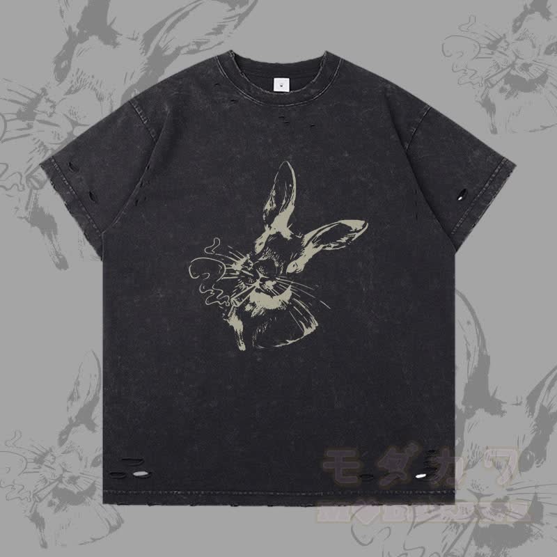 Smoking Bunny Grafik Modakawa Ripped T-Shirt - Grau - 2XL - image 2