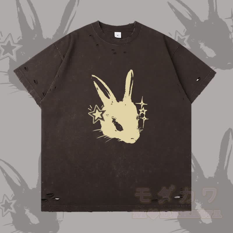 Star Bunny Graphic Modakawa Ripped T-Shirt - Dunkelbraun - 2XL - image 2
