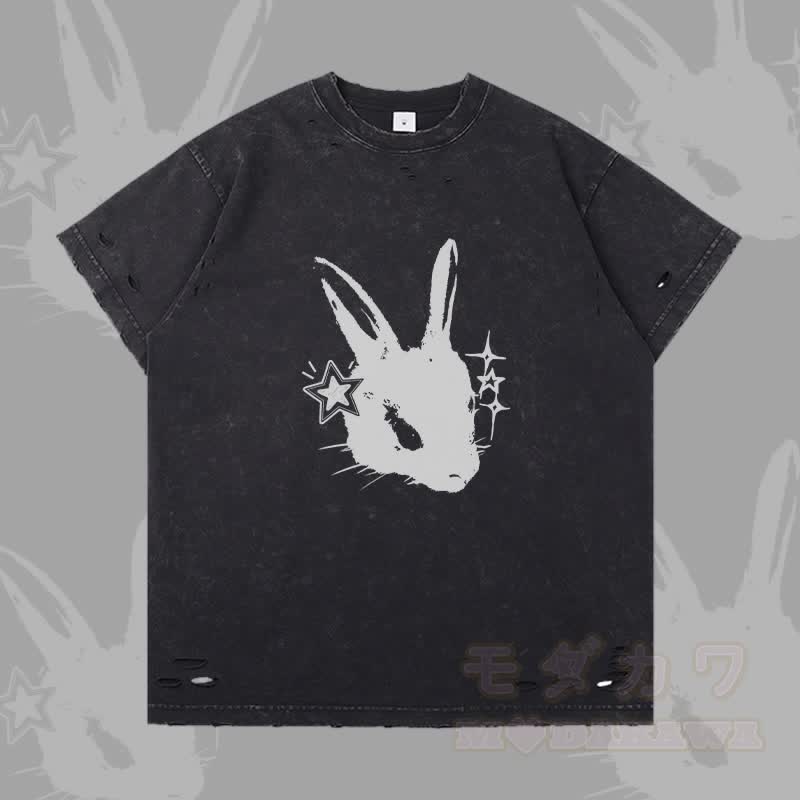 Star Bunny Graphic Modakawa Ripped T-Shirt - Grau - 2XL - image 1