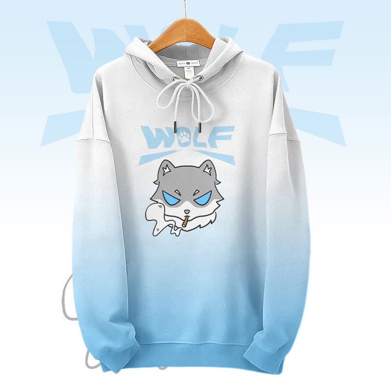 MODAKAWA Pullover-Hoodie mit Farbverlauf und Allover-Print eines rauchenden Wolfs - Blue - 6XL - image 3