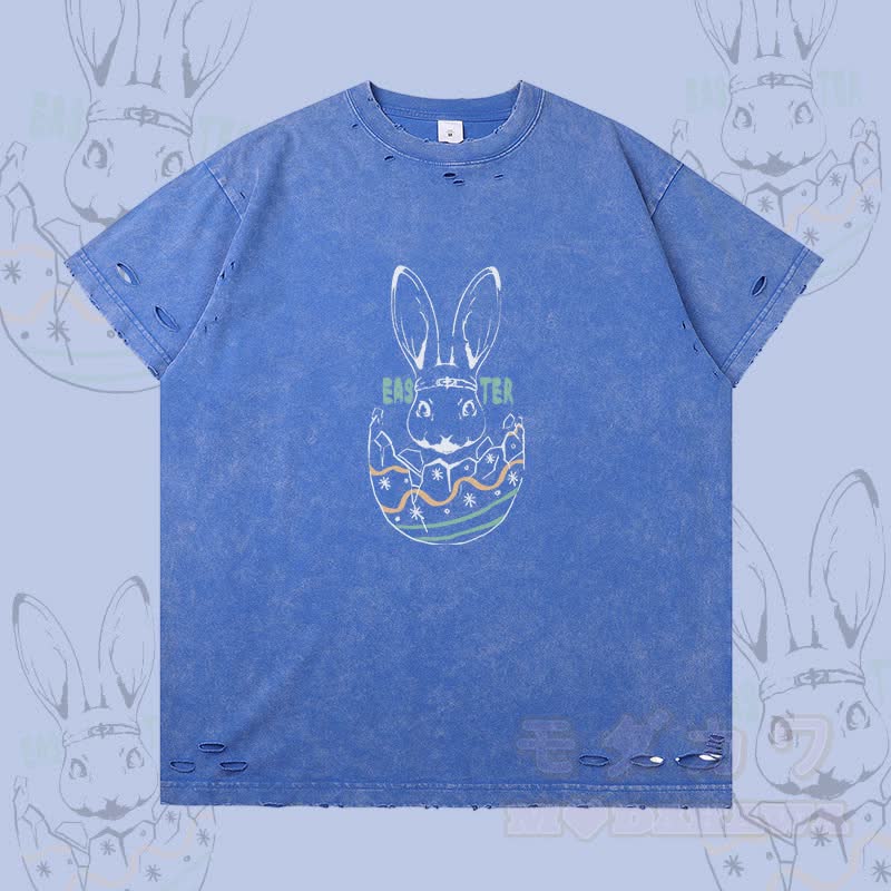 Modakawa Ripped T-Shirt mit Osterhasen-Motiv - Blau - 2XL - image 2