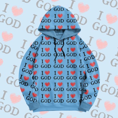MODAKAWA „ I Love God“ Pullover-Hoodie mit Allover-Print - Blue - 6XL - image 1