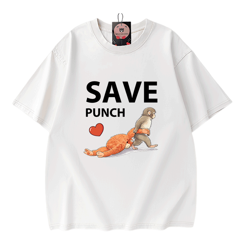 SAVE PUNCH Monkey Graphic Modakawa Unisex Vintage Washed T-Shirt - Beige - 5XL - image 1