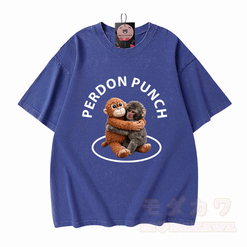 PERDON PUNCH Umarmungsaffen-Grafik Modakawa Unisex Vintage Washed T-Shirt - Blau - 5XL - image 1