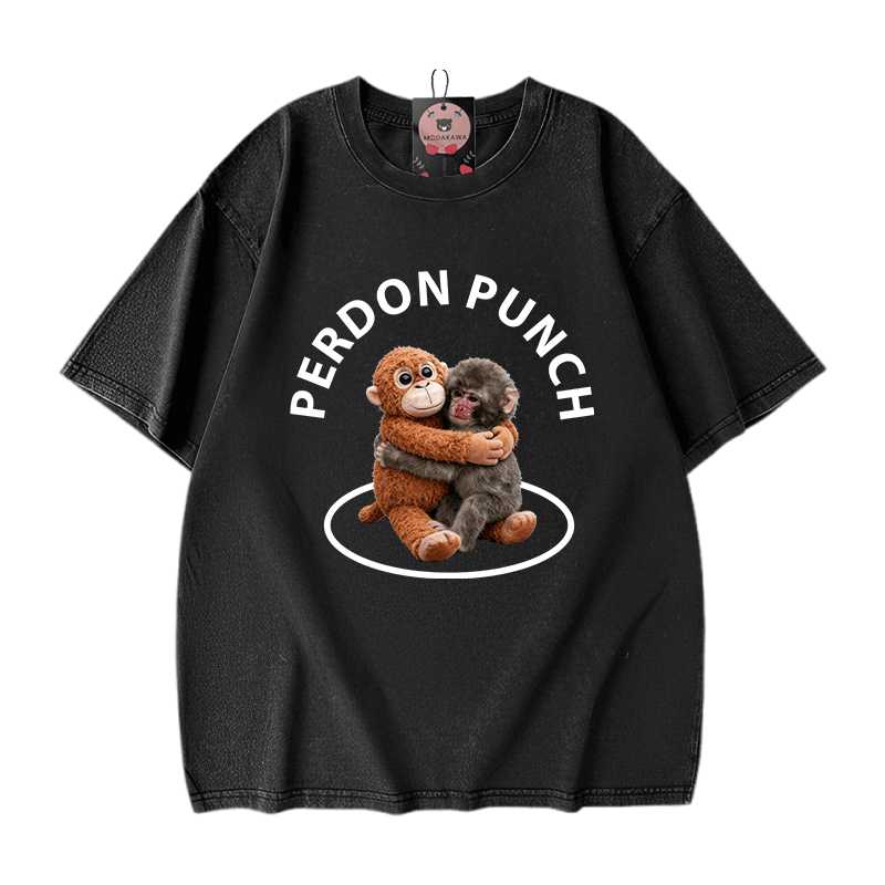 PERDON PUNCH Umarmungsaffen-Grafik Modakawa Unisex Vintage Washed T-Shirt - Black - 5XL - image 8