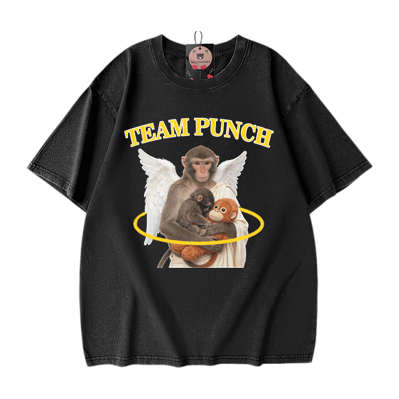 TEAM PUNCH Angel Monkey Graphic Modakawa Unisex Vintage Washed T-Shirt - Black - 5XL - image 1