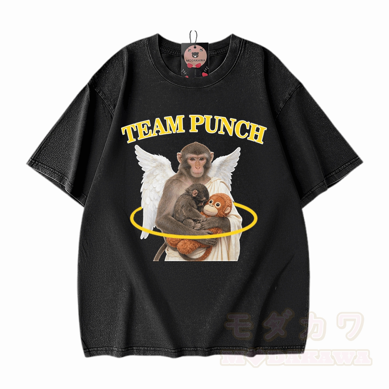 TEAM PUNCH Angel Monkey Graphic Modakawa Unisex Vintage Washed T-Shirt - Schwarz - 5XL - image 1