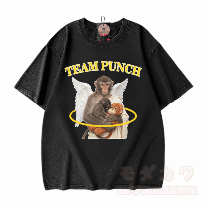 TEAM PUNCH Angel Monkey Graphic Modakawa Unisex Vintage Washed T-Shirt - Schwarz - 5XL - image 1