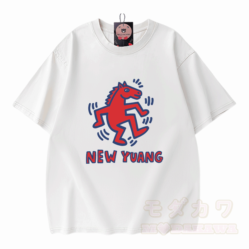 NEUES YUANG Pferde-Grafik Modakawa Unisex Vintage Washed T-Shirt - Weiß - 5XL - image 5