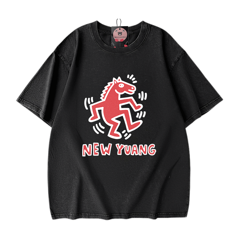 NEUES YUANG Pferde-Grafik Modakawa Unisex Vintage Washed T-Shirt - Black - 5XL - image 1