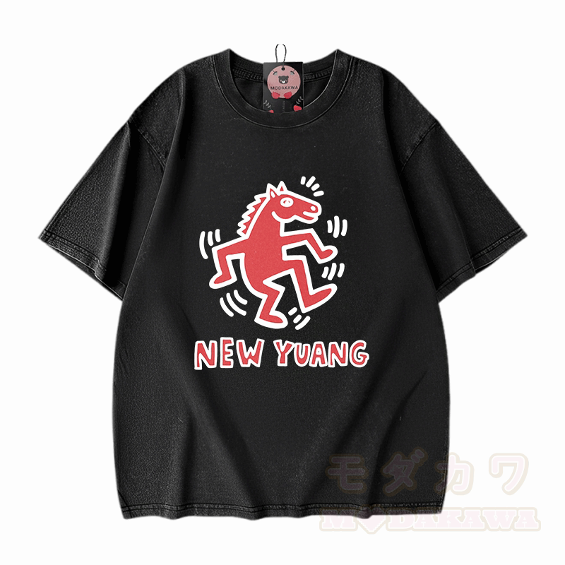 NEUES YUANG Pferde-Grafik Modakawa Unisex Vintage Washed T-Shirt - Schwarz - 5XL - image 1