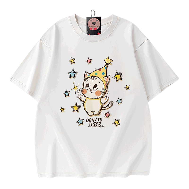 Verzierter Tiger, Stern-Tiger-Grafik, Modakawa Unisex Vintage Washed T-Shirt - White - 5XL - image 1