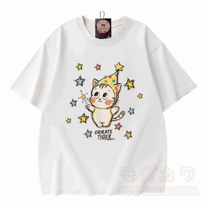 Verzierter Tiger, Stern-Tiger-Grafik, Modakawa Unisex Vintage Washed T-Shirt - Weiß - 5XL - image 1