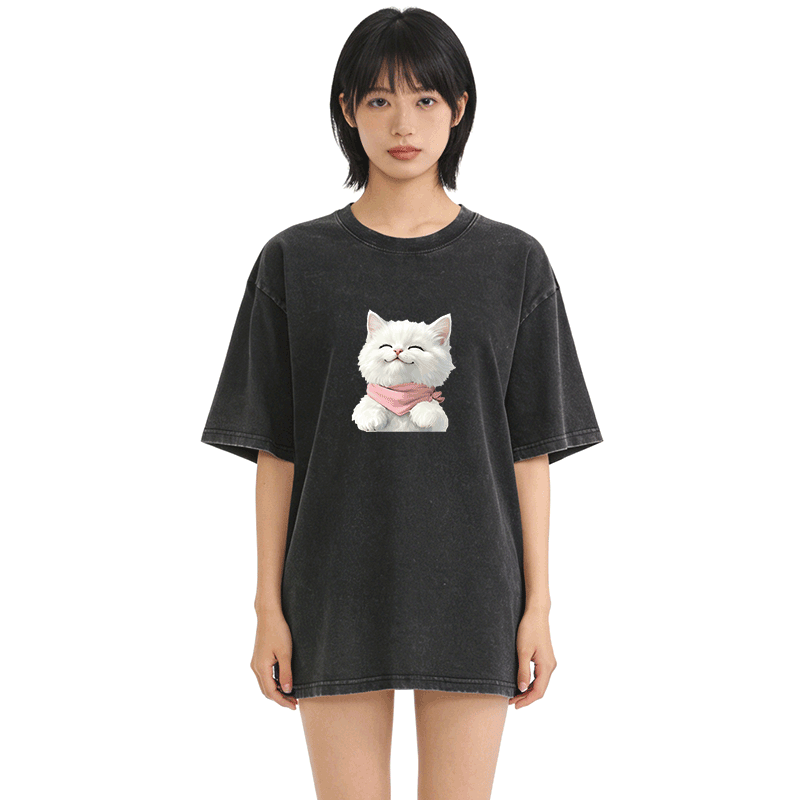 Modakawa Unisex Vintage T-Shirt mit weißer Katzengrafik - image 1