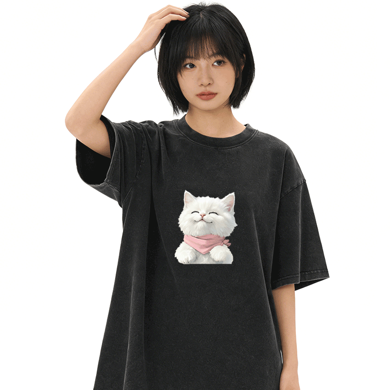 Modakawa Unisex Vintage T-Shirt mit weißer Katzengrafik - image 3