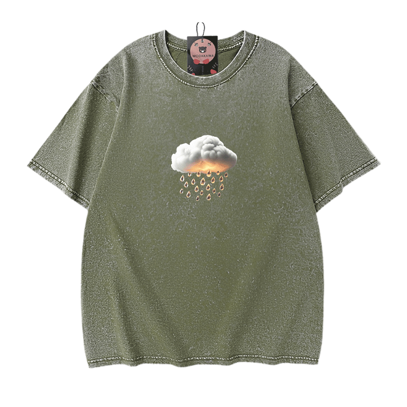 Modakawa Unisex Vintage Washed T-Shirt mit Wolkenregen-Grafik - Green - 5XL - image 1
