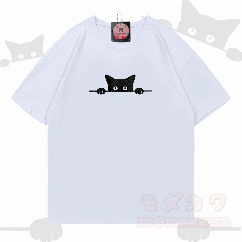 Modakawa Baumwoll-T-Shirt mit niedlicher Katzenstickerei - Weiß - 5XL - image 4