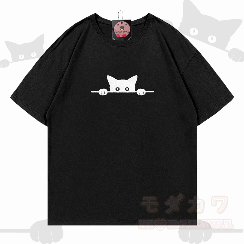 Modakawa Baumwoll-T-Shirt mit niedlicher Katzenstickerei - Schwarz - 5XL - image 5