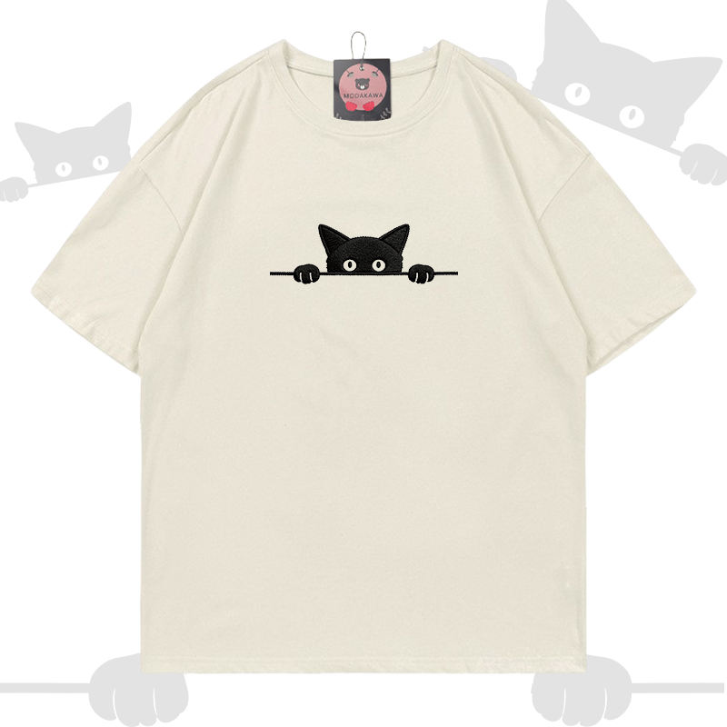 Modakawa Baumwoll-T-Shirt mit niedlicher Katzenstickerei - Beige - 5XL - image 2