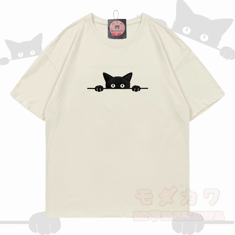 Modakawa Baumwoll-T-Shirt mit niedlicher Katzenstickerei - Beige - 5XL - image 2
