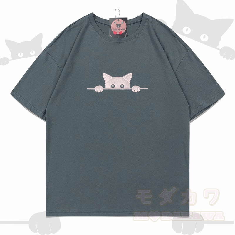 Modakawa Baumwoll-T-Shirt mit niedlicher Katzenstickerei - Dank Grey - 5XL - image 7