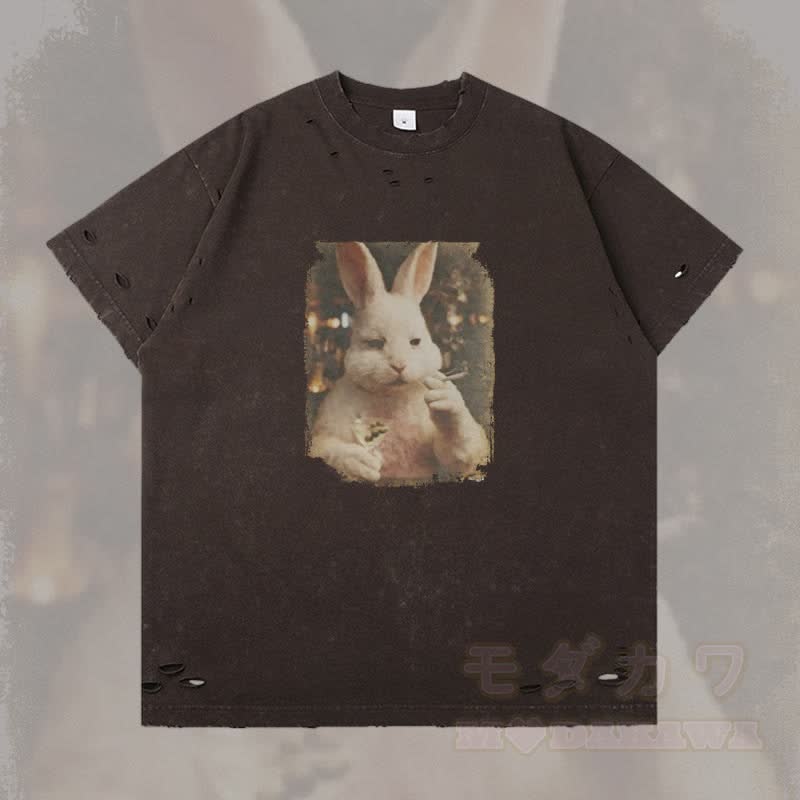 Vintage Smoking Bunny Grafik Modakawa Ripped T-Shirt - Dunkelbraun - 2XL - image 2