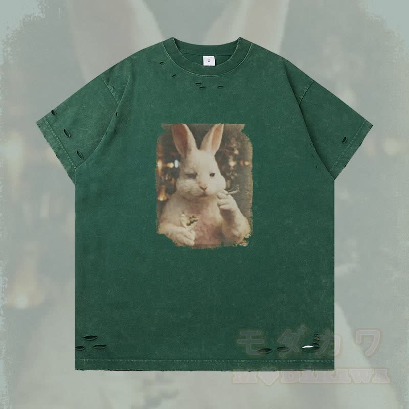 Vintage Smoking Bunny Grafik Modakawa Ripped T-Shirt - Dunkelgrün - 2XL - image 1