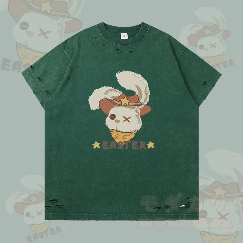 OSTERN Cowboy Bunny Grafik Modakawa Ripped T-Shirt - Dunkelgrün - 2XL - image 2