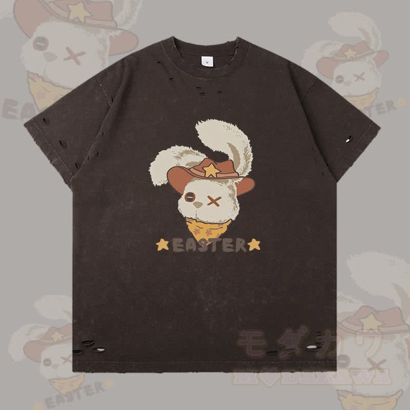 OSTERN Cowboy Bunny Grafik Modakawa Ripped T-Shirt - Dunkelbraun - 2XL - image 1