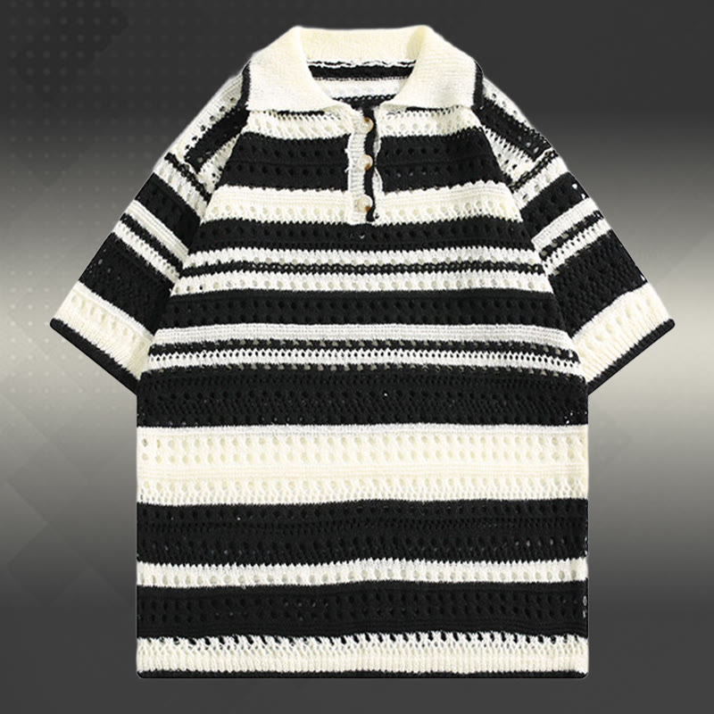 Gestreiftes Poloshirt aus offenem Strick, schnelltrocknende Cargoshorts mit Kordelzug, passendes Outfit von Modakawa - Black Shirt (Single) - 2XL - image 5