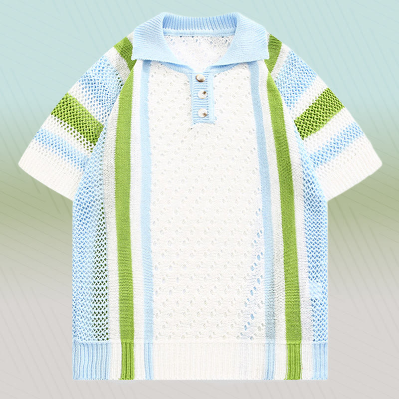 Gestreiftes Poloshirt aus offenem Strick, strukturierte Shorts mit Kordelzug, passendes Outfit von Modakawa - Blue Shirt (Single) - 3XL - image 6