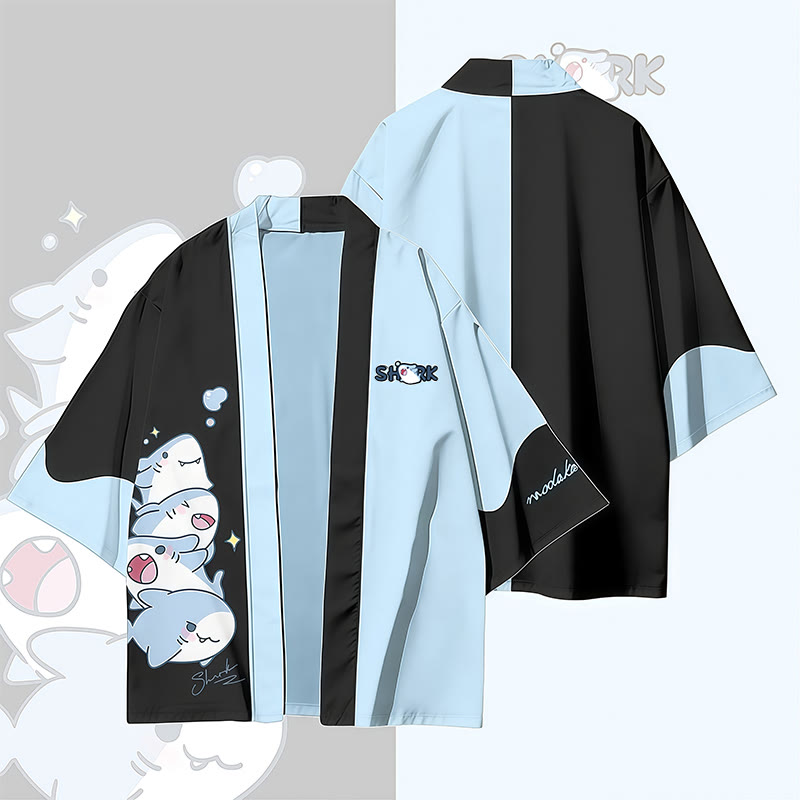 Joyful Sharks Graphic Modakawa Farben Block Cardigan Kimono Oberbekleidung - Blue & Black - 3XL - image 2