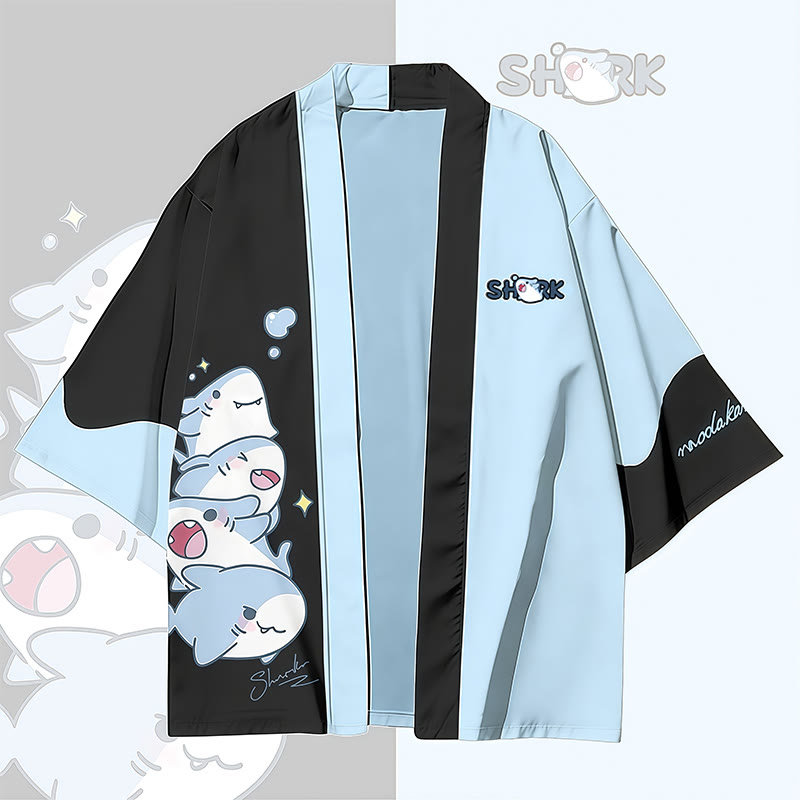 Joyful Sharks Graphic Modakawa Farben Block Cardigan Kimono Oberbekleidung - image 1