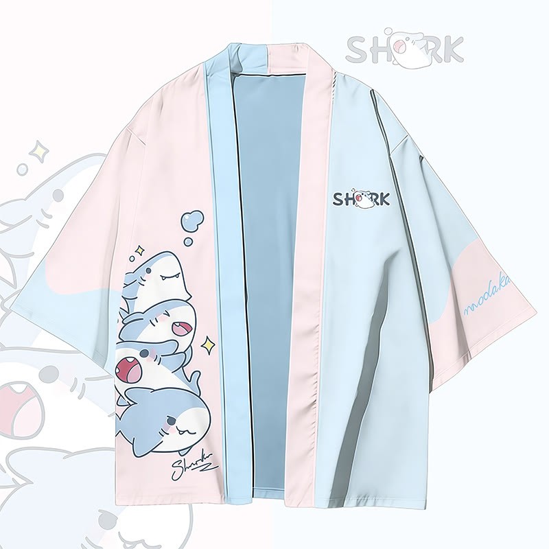 Joyful Sharks Graphic Modakawa Farben Block Cardigan Kimono Oberbekleidung - image 5